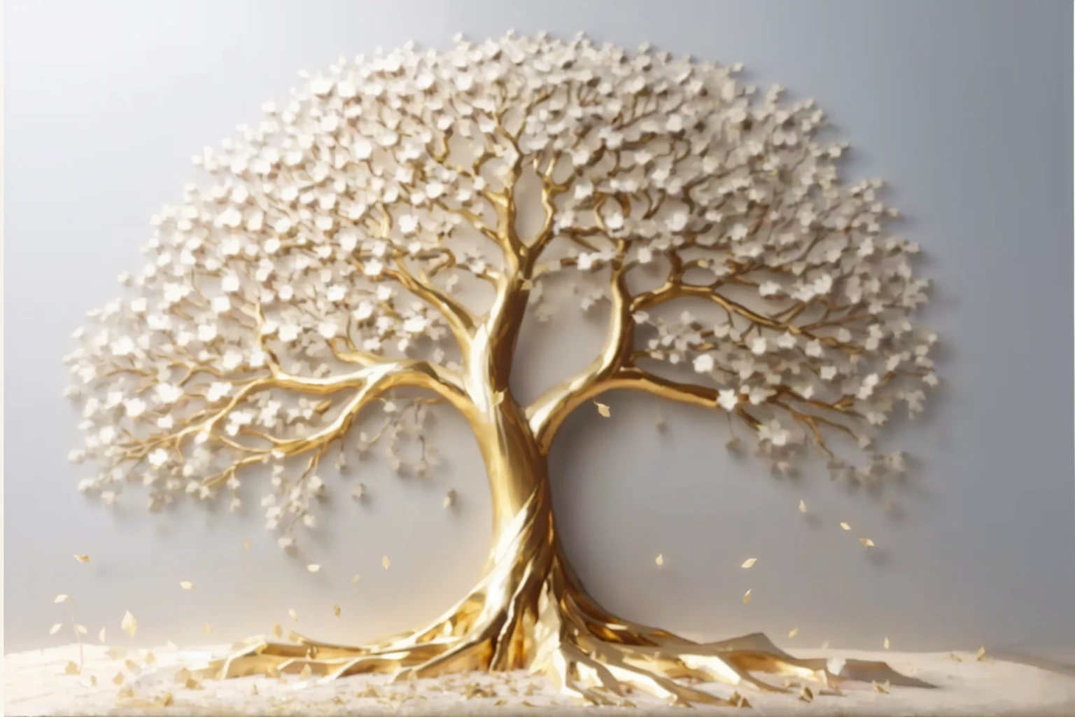 a large metal tree with gold leaf on a white background, golden sacred tree, tree of Life seed of doubt, the tree of Life, sculpture made of gold, tree of Life, a huge silver tree, the World Tree, rich tree, collective civilization tree, rooted lineage, gold foil art, World Tree, gilded with gold, gold leaf painting, A beautiful tree