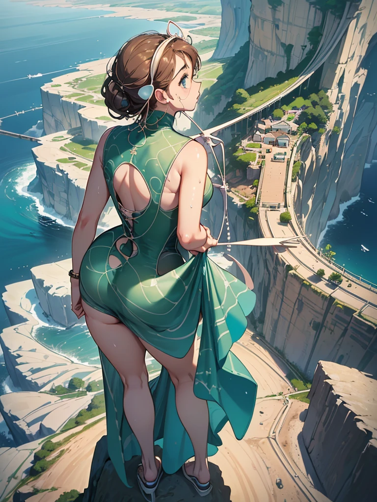 Highest quality, masterpiece, Ultra-high resolution, (Realistic:1.4), RAW Photos, Intricate details, Big beautiful eyes, Perfect contours, masterpiece, One Girl, ((Junior high school student)), Braided Bob, (aerial view:2), (perky breasts:1.5, high breasts:1.5), (curvy waist:1.5), Competitive swimmer, (one piece:1.5, turtleneck,Sleeveless swimsuit, Sandals), Clear metallic green swimsuit:1.5, tight high leg swimsuit:1.4, ((shoot from behind:2, looking away:2)), Portraiture, ((Standing on the edge of a cliff:1.5, Hesitant to jump:1.5, Incredibly high sheer cliffs:1.5, Stand at the highest point overlooking the surrounding area, peer down the cliff:1.5)), (Anxious expression、His mouth is twitching with fear), Wet Skin, (Underarm)