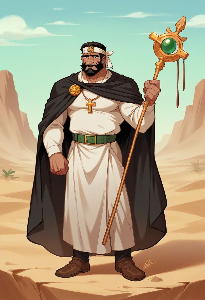 A mysterious Bedouin Arab man, 27 years old, wearing a shemagh and an Arab headband, bearded, a black beard, old clothes and a dishdasha, Bedouin abaya, strong personality, graceful, resembling Jesus Christ, wearing old shoes, leaning on a stick in his left hand, carrying The staff is in his left hand, his staff is the staff of Moses, his face radiates light, the yoke of his face, an Iraqi headband, wearing a green belt, in the desert, and a British officer, a first lieutenant, looking at him from afar. .