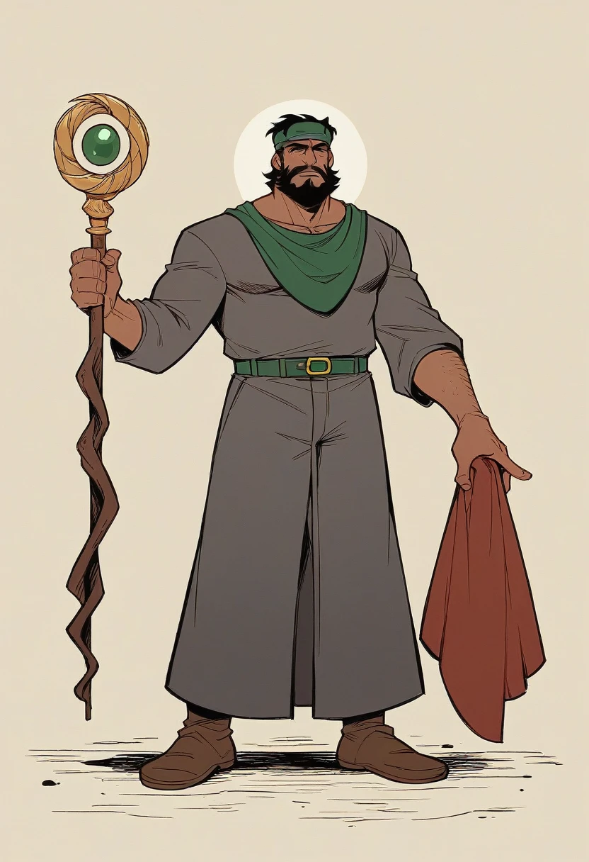 A mysterious Bedouin Arab man, 27 years old, wearing a shemagh and an Arab headband, bearded, a black beard, old clothes and a dishdasha, Bedouin abaya, strong personality, graceful, resembling Jesus Christ, wearing old shoes, leaning on a stick in his left hand, carrying The staff is in his left hand, his staff is the staff of Moses, his face radiates light, the yoke of his face, an Iraqi headband, wearing a green belt, in the desert, and a British officer, a first lieutenant, looking at him from afar. .