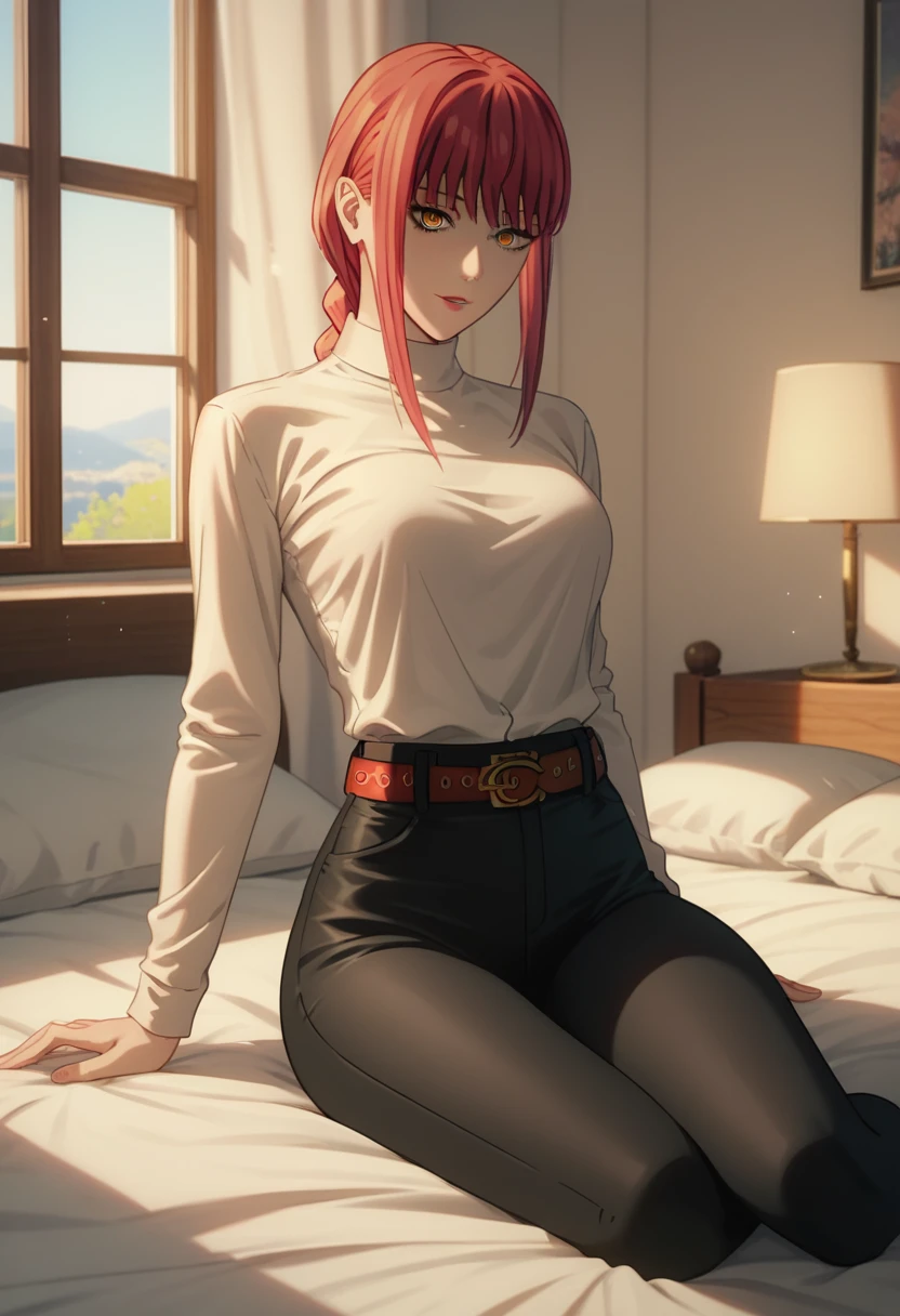 score_9_up, score_8_up, score_7_up, 1girl, solo, mature female, ((Makima)), ((red braided hair)), yellow eyes, pink lips, parted lips, fit slim body,(((perfect erected medium breast))) (((white shirt, black tight pants, belt))), (((highly detailed bedroom, window, bed))), perfect fit model body, wide hips, seductive pose