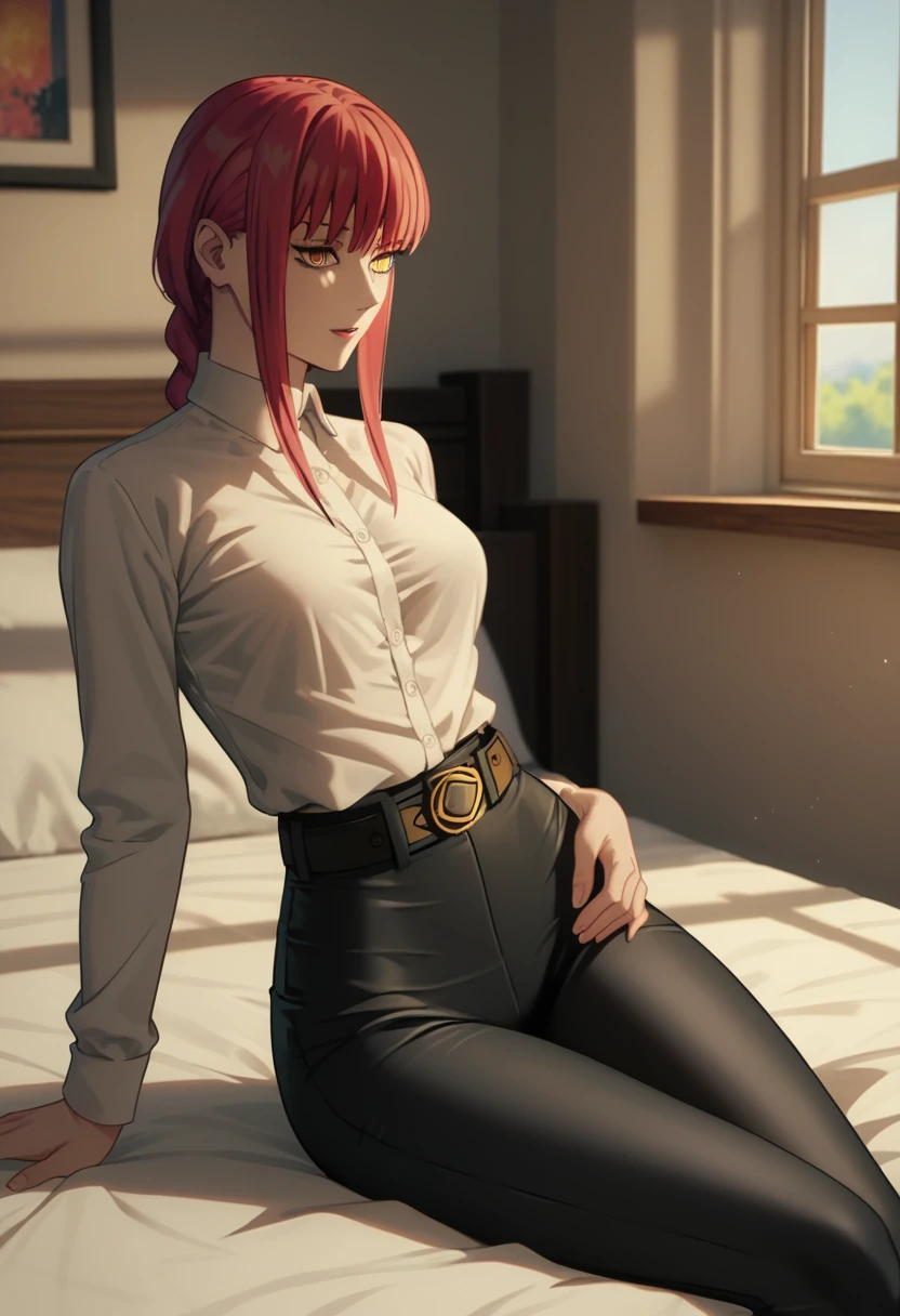 score_9_up, score_8_up, score_7_up, 1girl, solo, mature female, ((Makima)), ((red braided hair)), yellow eyes, pink lips, parted lips, fit slim body,(((perfect erected medium breast))) (((white shirt, black tight pants, belt))), (((highly detailed bedroom, window, bed))), perfect fit model body, wide hips, seductive pose