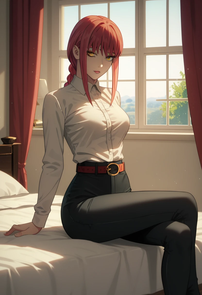 score_9_up, score_8_up, score_7_up, 1girl, solo, mature female, ((Makima)), ((red braided hair)), yellow eyes, pink lips, parted lips, fit slim body,(((perfect erected medium breast))) (((white shirt, black tight pants, belt))), (((highly detailed bedroom, window, bed))), perfect fit model body, wide hips, seductive pose