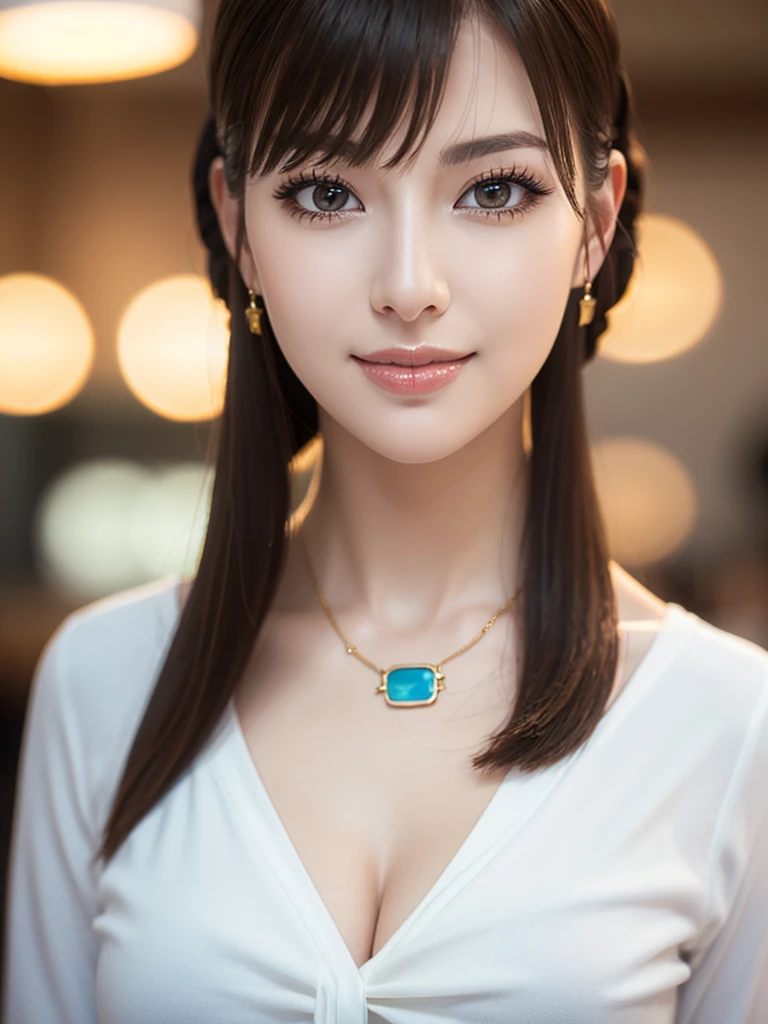 a beautiful young russian woman, detailed face, (high quality, 8k, hdr, studio lighting, physically-based rendering, professional, vivid colors, bokeh:1.2), photorealistic, stunning eyes, long eyelashes, flawless skin, light brown hair, tight waist, necklace, active posing, long hairstyle, vivid colors, masterpiece, best quality, confident expression, ultra-detailed, (realistic:1.37), beautiful figure, gorgeous lips, smile, office lady, (coffee break)