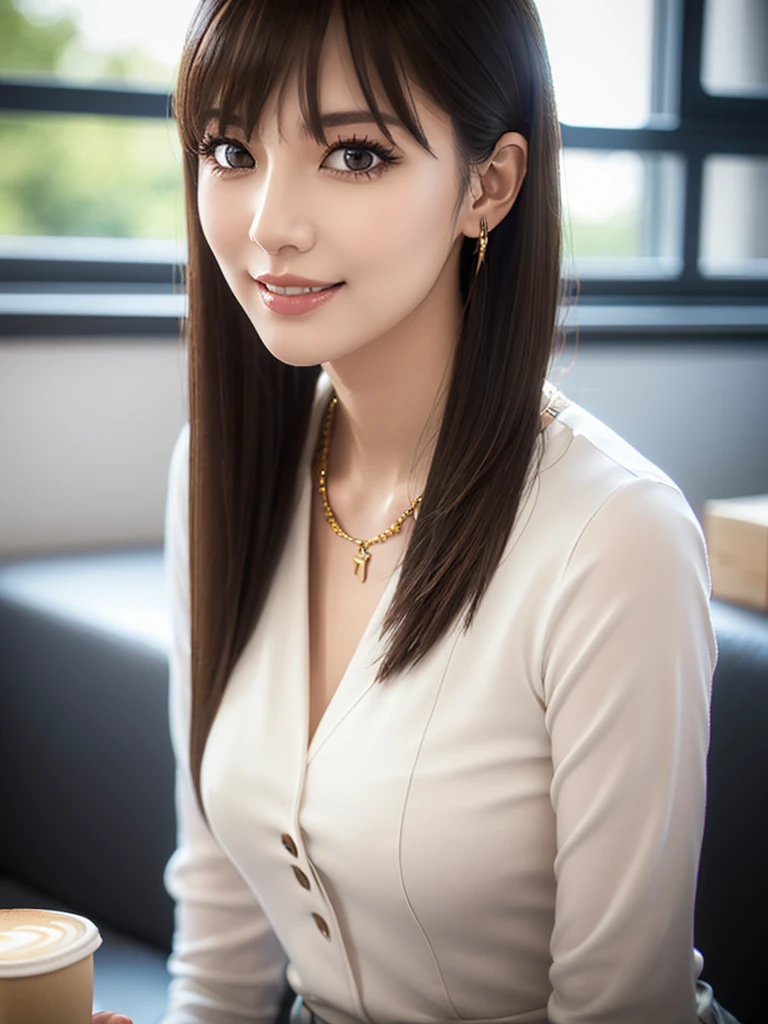 a beautiful young russian woman, detailed face, (high quality, 8k, hdr, studio lighting, physically-based rendering, professional, vivid colors, bokeh:1.2), photorealistic, stunning eyes, long eyelashes, flawless skin, light brown hair, tight waist, necklace, active posing, long hairstyle, vivid colors, masterpiece, best quality, confident expression, ultra-detailed, (realistic:1.37), beautiful figure, gorgeous lips, smile, office lady, (coffee break)