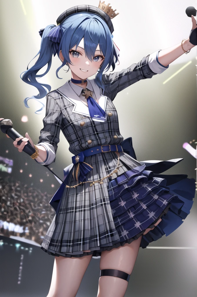 masterpiece, best quality, highres, sui1, 1girl, solo, side ponytail, hoshimachi suisei, fingerless gloves, single thighhigh, jewelry, single sock, thigh strap, bracelet, blue socks, buttons, single kneehigh, plaid dress, blue choker, blue belt, plaid skirt, mini crown, grey skirt, blue ascot, long sleeves, plaid jacket, cowboy shot, on the stage, holding microphone, smile,