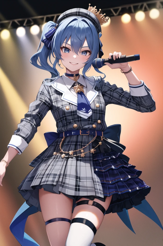 masterpiece, best quality, highres, sui1, 1girl, solo, side ponytail, hoshimachi suisei, fingerless gloves, single thighhigh, jewelry, single sock, thigh strap, bracelet, blue socks, buttons, single kneehigh, plaid dress, blue choker, blue belt, plaid skirt, mini crown, grey skirt, blue ascot, long sleeves, plaid jacket, cowboy shot, on the stage, holding microphone, smile,