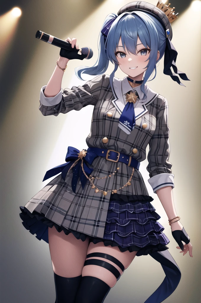 masterpiece, best quality, highres, sui1, 1girl, solo, side ponytail, hoshimachi suisei, fingerless gloves, single thighhigh, jewelry, single sock, thigh strap, bracelet, blue socks, buttons, single kneehigh, plaid dress, blue choker, blue belt, plaid skirt, mini crown, grey skirt, blue ascot, long sleeves, plaid jacket, cowboy shot, on the stage, holding microphone, smile,