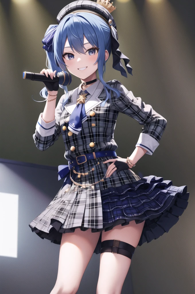 masterpiece, best quality, highres, sui1, 1girl, solo, side ponytail, hoshimachi suisei, fingerless gloves, single thighhigh, jewelry, single sock, thigh strap, bracelet, blue socks, buttons, single kneehigh, plaid dress, blue choker, blue belt, plaid skirt, mini crown, grey skirt, blue ascot, long sleeves, plaid jacket, cowboy shot, on the stage, holding microphone, smile,