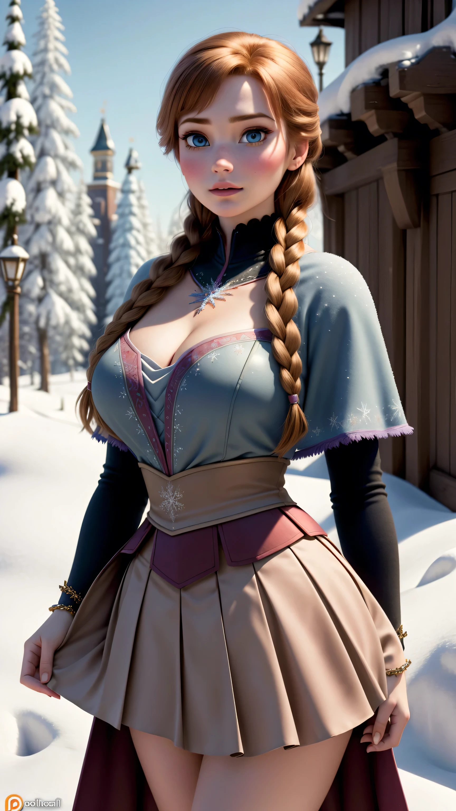 woman, ((Masterpiece, best quality)), detailed skin, highly detailed, cinematic lighting, ultra realistic, blush, looking at viewer,  anna, anna from frozen, princess, disney, brown hair, long hair, portrait, outdoor, snow,  cleavage,  large breasts,  wide hips, 
skirt, miniskirt, microskirt, pleated skirt, thighs,