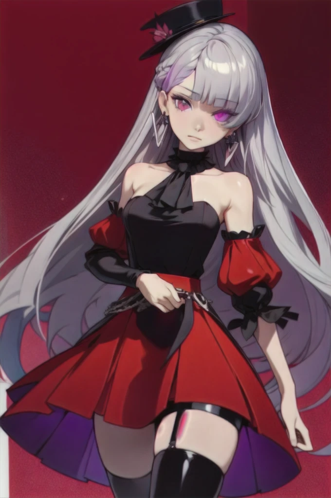 (masterpiece),best quality,1girl,cowboy_shot,medium_shot,thighs,looking at viewer,Look directly,silver gray long hair,pale skin,earrings,silver hair,red eyes,long hair,diamond choker,black ascot,detached collar,center frills,red dress,red detached sleeves,red belt,white skirt,red thigh boots,red thigh straps,
Heterochromia, different coloured eyes, (((right eye is red coloured, left eye is violet/purple coloured)))
Blunt straight bangs, strictly straight cutted bangs, strictly straight cutted hair, straight long hair, strictly straight side bangs, straight cutted side bangs