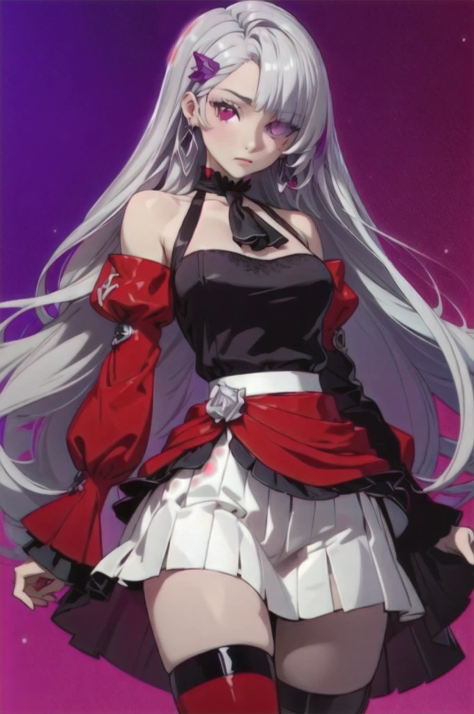 (masterpiece),best quality,1girl,cowboy_shot,medium_shot,thighs,looking at viewer,Look directly,silver gray long hair,pale skin,earrings,silver hair,red eyes,long hair,diamond choker,black ascot,detached collar,center frills,red dress,red detached sleeves,red belt,white skirt,red thigh boots,red thigh straps,
Heterochromia, different coloured eyes, (((right eye is red coloured, left eye is violet/purple coloured)))
Blunt straight bangs, strictly straight cutted bangs, strictly straight cutted hair, straight long hair, strictly straight side bangs, straight cutted side bangs