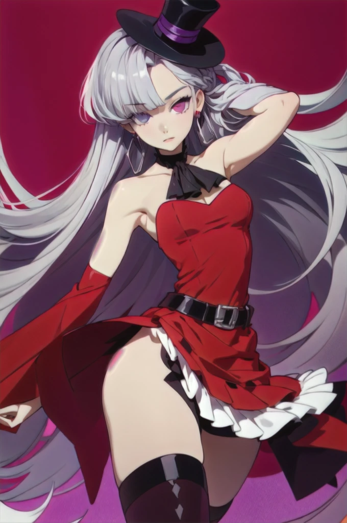 (masterpiece),best quality,1girl,cowboy_shot,medium_shot,thighs,looking at viewer,Look directly,silver gray long hair,pale skin,earrings,silver hair,red eyes,long hair,diamond choker,black ascot,detached collar,center frills,red dress,red detached sleeves,red belt,white skirt,red thigh boots,red thigh straps,
Heterochromia, different coloured eyes, (((right eye is red coloured, left eye is violet/purple coloured)))
Blunt straight bangs, strictly straight cutted bangs, strictly straight cutted hair, straight long hair, strictly straight side bangs, straight cutted side bangs