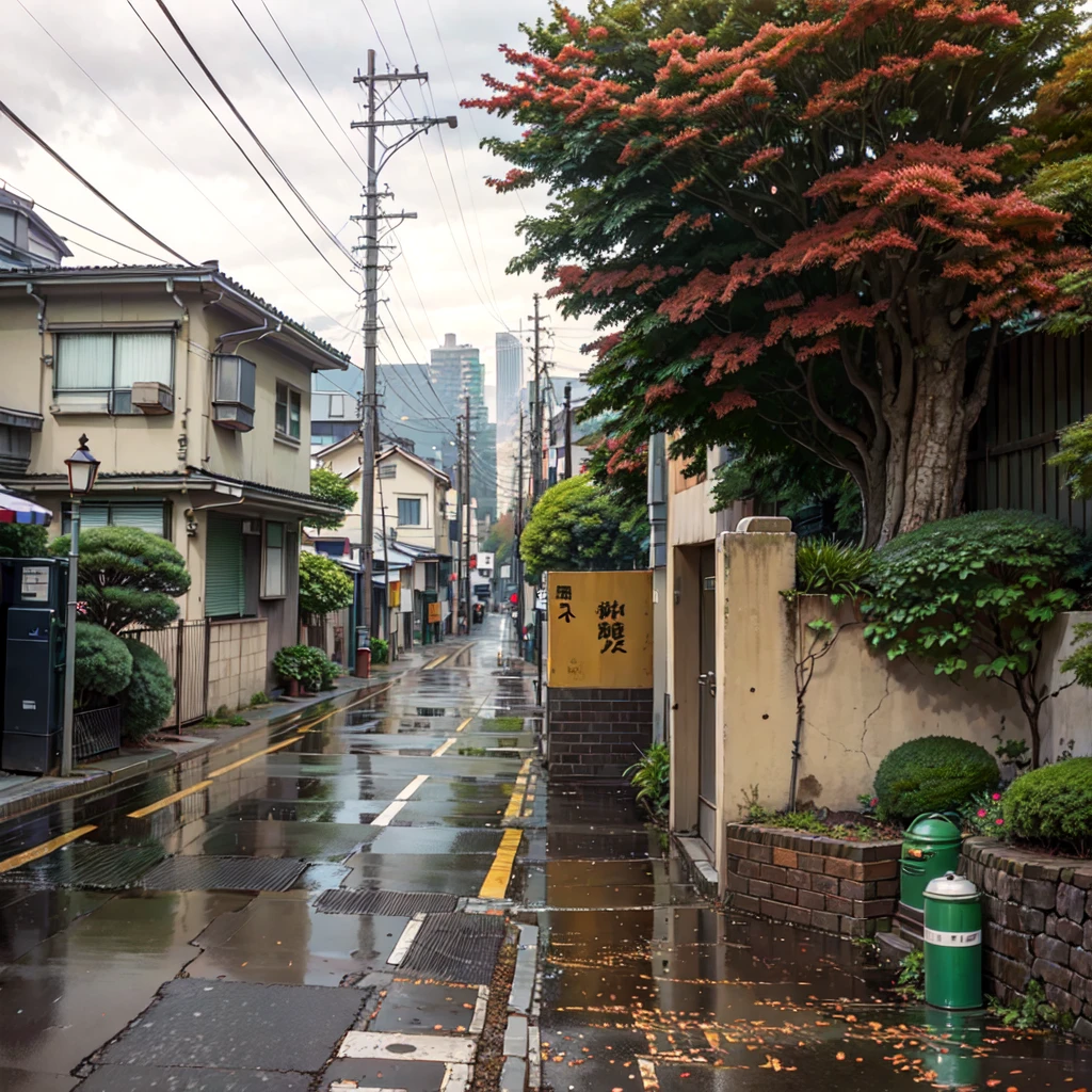 there is a street with a fence and a flowered tree, japanese street, japanese neighborhood, japan travel aesthetic, tokyo street, beautiful aesthetic, tokyo - esque town, in a tokyo street, by Eizan Kikukawa, beautiful and aesthetic, in the streets of tokyo, day after raining, tokyo alleyway, by Nishida Shun'ei, alley