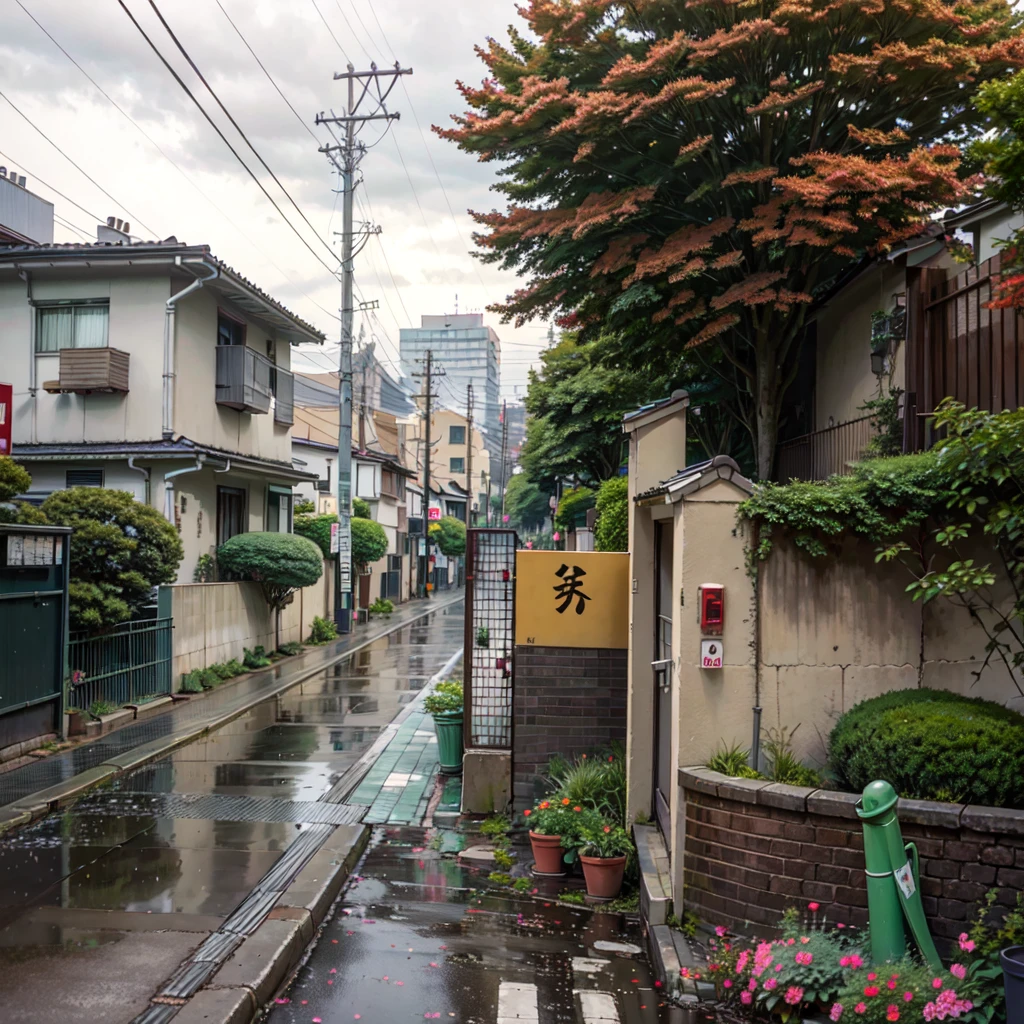 there is a street with a fence and a flowered tree, japanese street, japanese neighborhood, japan travel aesthetic, tokyo street, beautiful aesthetic, tokyo - esque town, in a tokyo street, by Eizan Kikukawa, beautiful and aesthetic, in the streets of tokyo, day after raining, tokyo alleyway, by Nishida Shun'ei, alley