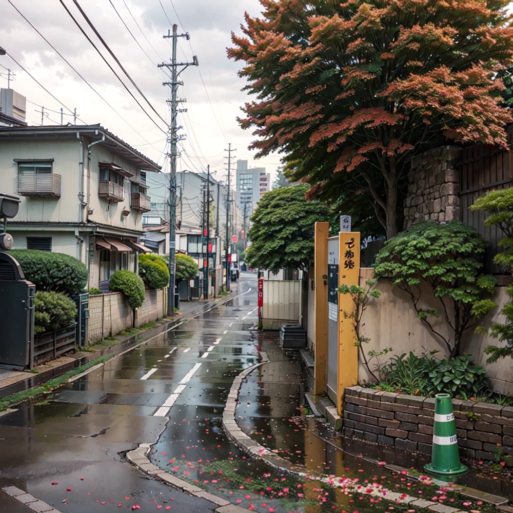 there is a street with a fence and a flowered tree, japanese street, japanese neighborhood, japan travel aesthetic, tokyo street, beautiful aesthetic, tokyo - esque town, in a tokyo street, by Eizan Kikukawa, beautiful and aesthetic, in the streets of tokyo, day after raining, tokyo alleyway, by Nishida Shun'ei, alley