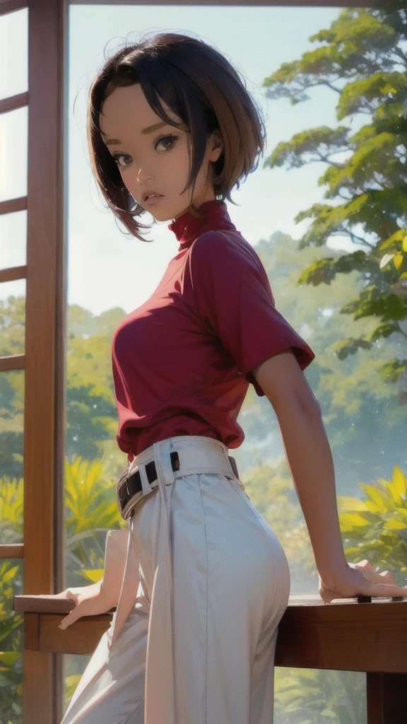 kurisu makise steins gate anime, atmospheric, elegant portrait, super highly detailed, professional digital painting, artstation, concept art, 8k, art by wlop, artgerm and alphonse mucha and eiichiro oda shinkai makoto vibrant Studio ghibli kyoto animation hideaki anno Sakimichan Stanley Artgerm Lau Rossdraws James Jean Marc Simonetti, Beautiful woman, light brown hair, light brown eyes, red turtleneck shirt, white pants, black belt, makeup, top-down view, 2d background, impeccable posture, master piece, super detail, attitude, 40 year old woman, strong expression, attitude, very busty