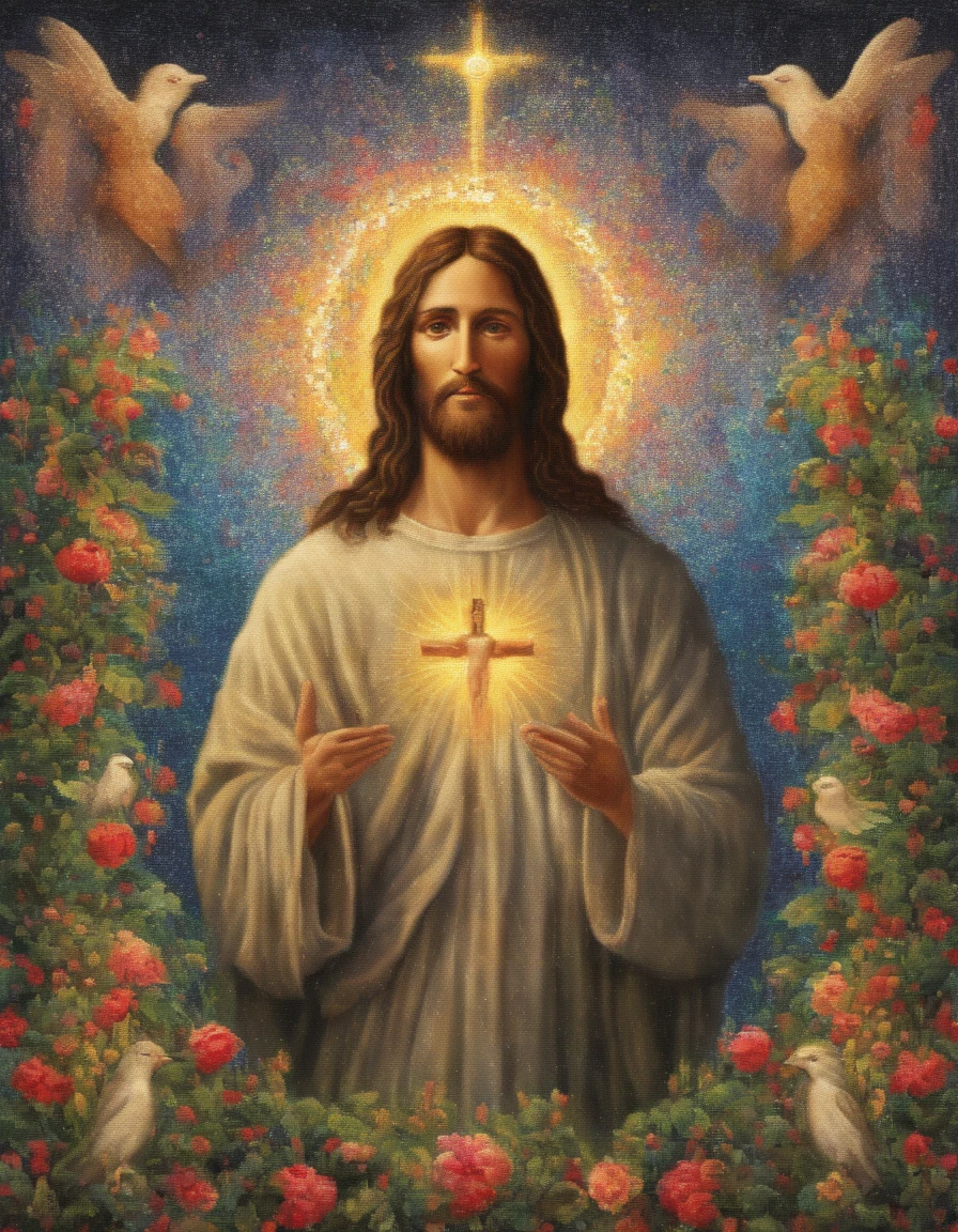 Jesus Christ with angels around him in the garden of eden