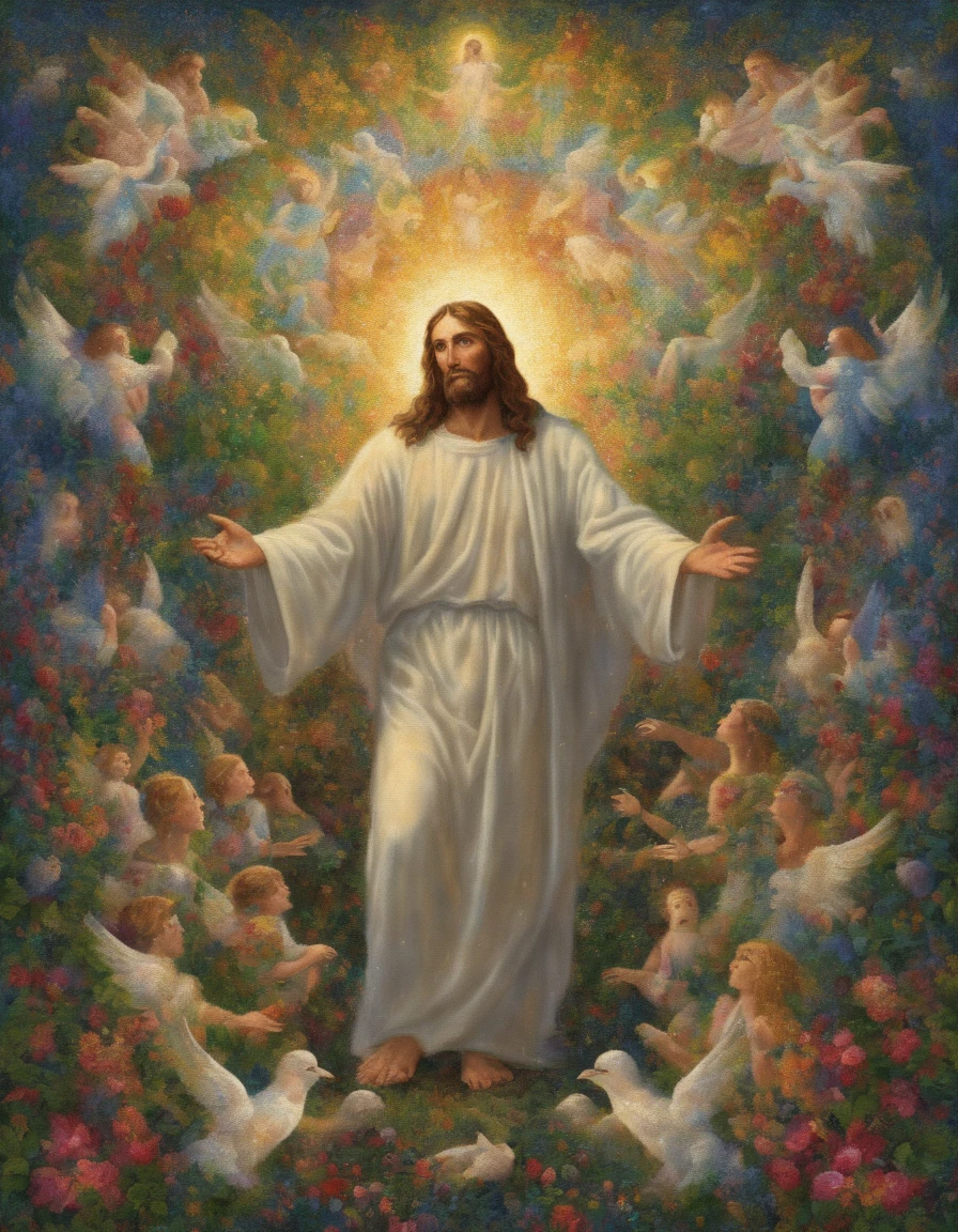 Jesus Christ with angels around him in the garden of eden