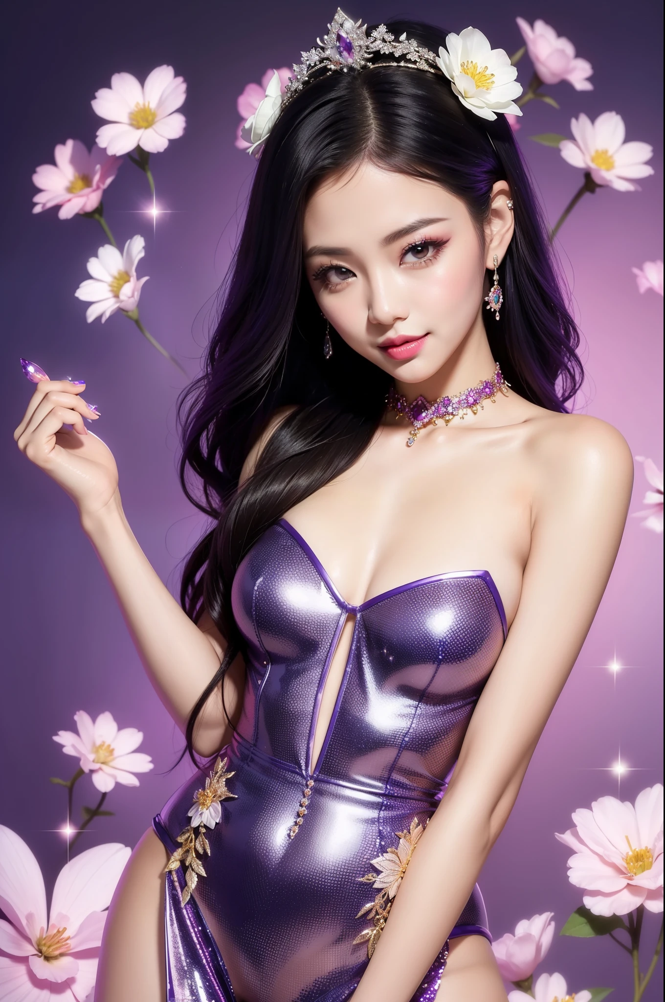 sexy Thai model who controls poison、beautiful smile、lipgloss、bold lipstick、intense makeup、look at the camera、full body Esbian、、sparkling poisoned flower costume、、、、sparkling Colorful hair、secrete poison、skull hair accessories、sexy tights、shiny sparkling flowers background