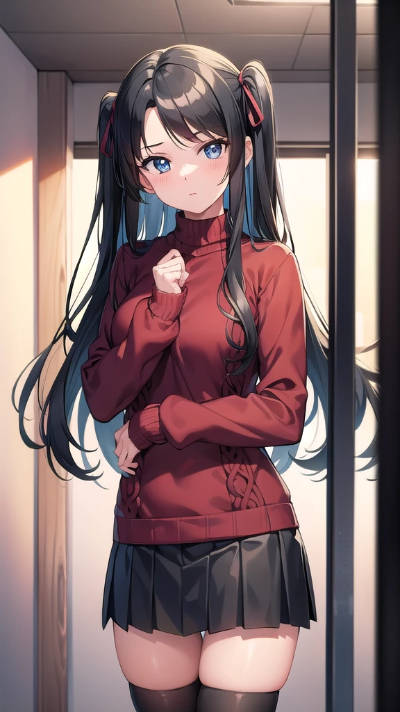 rintohsaka, rin tohsaka kyockcho, aqua eyes, (black hair:1.5), hair ribbon, long hair, ribbon, sidelocks, two side up, (parted bangs:1.5),
BREAK black skirt, black thighhighs, long sleeves, miniskirt, pleated skirt, (red sweater:1.5), skirt, sweater, thighhighs, turtleneck,
BREAK indoors, classroom,
BREAK looking at viewer, (cowboy shot:1.5)
BREAK (masterpiece:1.2), best quality, high resolution, unity 8k wallpaper, (illustration:0.8), (beautiful detailed eyes:1.6), extremely detailed face, perfect lighting, extremely detailed CG, (perfect hands, perfect anatomy),