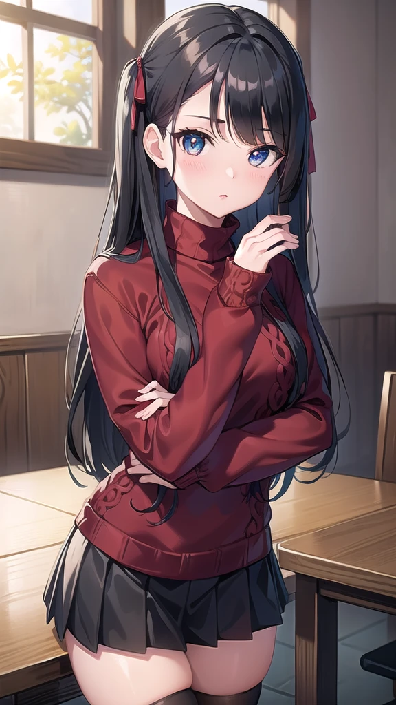 rintohsaka, rin tohsaka kyockcho, aqua eyes, (black hair:1.5), hair ribbon, long hair, ribbon, sidelocks, two side up, (parted bangs:1.5),
BREAK black skirt, black thighhighs, long sleeves, miniskirt, pleated skirt, (red sweater:1.5), skirt, sweater, thighhighs, turtleneck,
BREAK indoors, classroom,
BREAK looking at viewer, (cowboy shot:1.5)
BREAK (masterpiece:1.2), best quality, high resolution, unity 8k wallpaper, (illustration:0.8), (beautiful detailed eyes:1.6), extremely detailed face, perfect lighting, extremely detailed CG, (perfect hands, perfect anatomy),