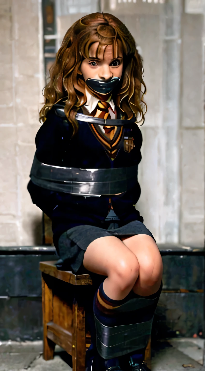 best quality,ultra-detailed,(photorealistic:1.37),portrait of Hermione Granger Hogwarts uniform,f ront view, full body, skirt, weater, tape bondage, tape gag, tape gagged, , bound legs, bound ankles, bound arms, arms behind back, hands behind back, bondage, restrained, Hogwarts background