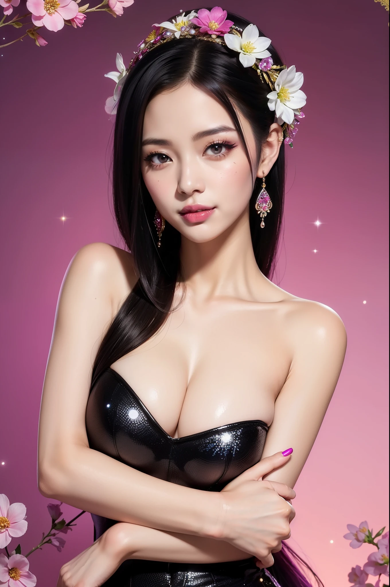 sexy Thai model who controls poison、beautiful smile、lipgloss、bold lipstick、intense makeup、look at the camera、full body Esbian、、sparkling poisoned flower costume、、、、sparkling Colorful hair、secrete poison、skull hair accessories、sexy tights、shiny sparkling flowers background