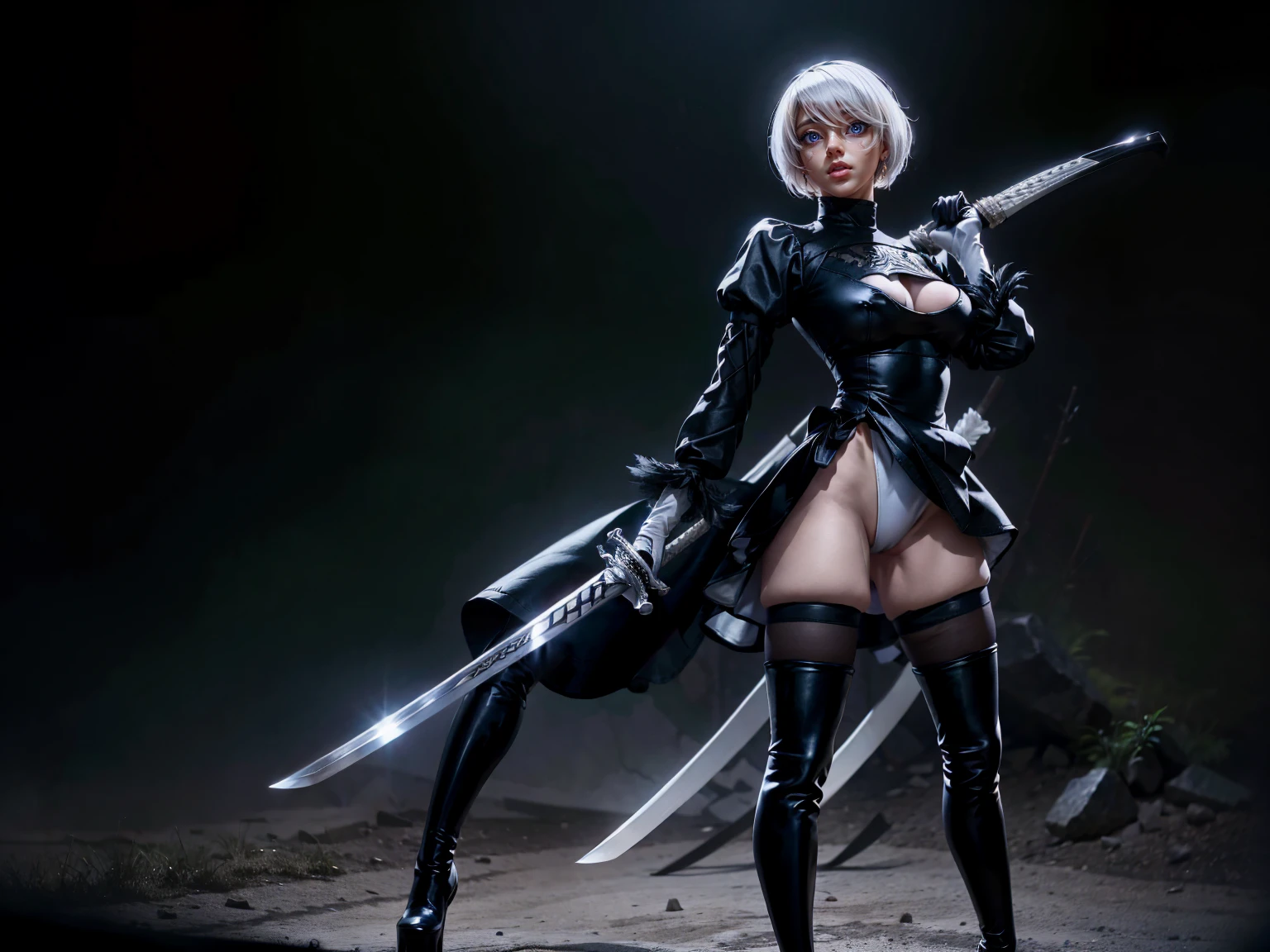 2B, 1girl, solo, short hair, thighhighs, gloves, long sleeves, dress, holding, cleavage, medium breasts, standing, full body, weapon, white hair, hairband, boots, puffy sleeves, sword, black thighhighs, black footwear, holding weapon, mole, black dress, high heels, leotard, clothing cutout, thigh boots, holding sword, cleavage cutout, katana, black hairband, juliet sleeves, mole under mouth, facing viewer, high heel boots, blindfold, covered eyes, black blindfold, feather-trimmed sleeves, masterpiece,
