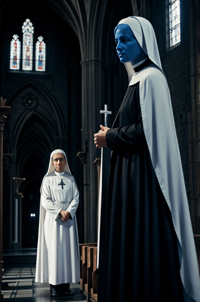 a nun, blond hair, with light skin, in a dark church with blue statues, blind, in a black and white nun&#39;s dress, battle pose, anime style