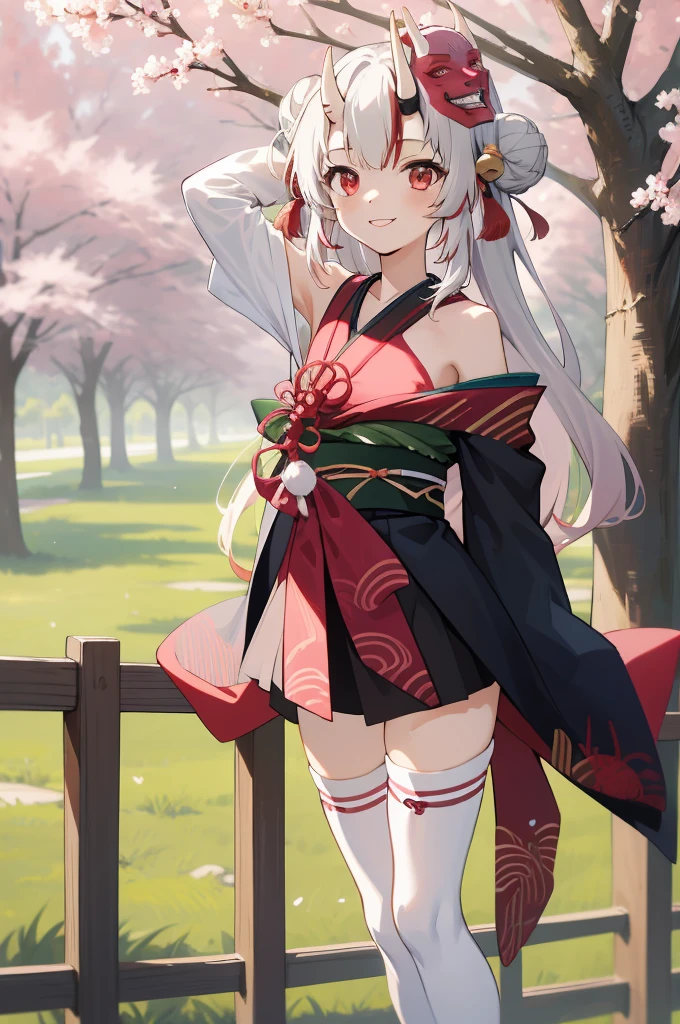 masterpiece, best quality, absurdres, perfect anatomy, 1girl, solo, Nakiri Ayame, long hair, double bun, AyameBase, black kimono, hair bell, obi, white thighhighs, bare shoulders, long sleeves, oni mask, mask on head, outdoors, standing, sakura tree, arms behind back, smile