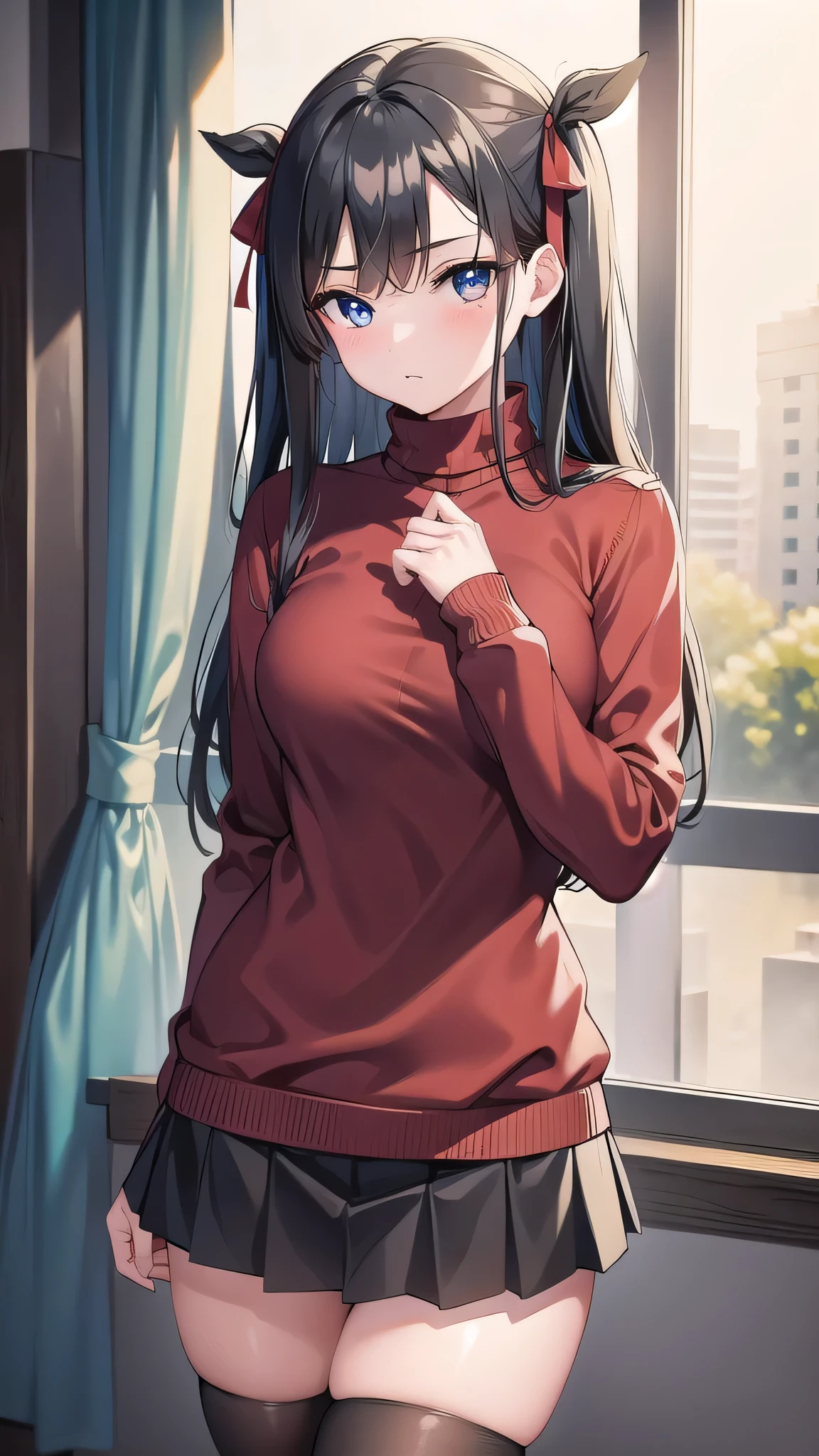 rintohsaka, rin tohsaka kyockcho, aqua eyes, (black hair:1.5), hair ribbon, long hair, ribbon, sidelocks, two side up, (parted bangs:1.5),
BREAK black skirt, black thighhighs, long sleeves, miniskirt, pleated skirt, (red sweater:1.5), skirt, sweater, thighhighs, turtleneck,
BREAK indoors, classroom,school,
BREAK looking at viewer, (cowboy shot:1.5)
BREAK (masterpiece:1.2), best quality, high resolution, unity 8k wallpaper, (illustration:0.8), (beautiful detailed eyes:1.6), extremely detailed face, perfect lighting, extremely detailed CG, (perfect hands, perfect anatomy),sitting on table, cross legs, from below,
