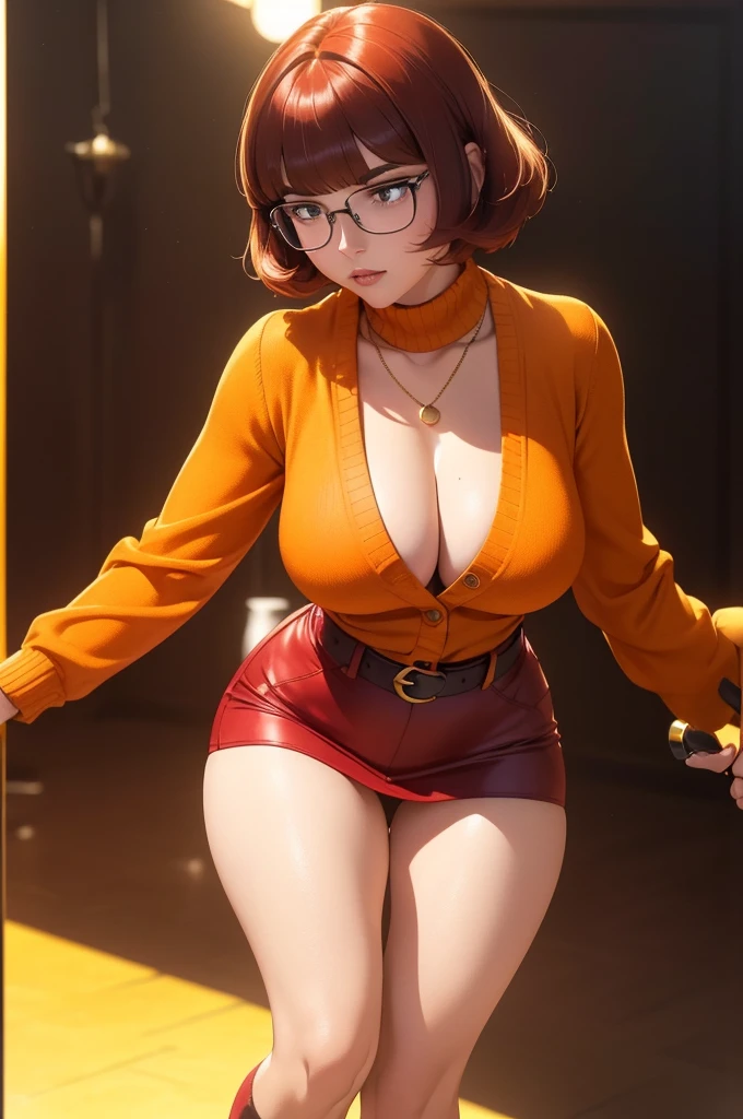 ((masterpiece, best quality, ultra-detailed, ultra-HD, photorealistic, cinematic)), (close-up camera shot, from below:1.2), (twerking, sensual pose), (alluring and voluptuous female as Velma Dinkley:1.2), perfect anatomy, perfect face, proportioned hands, (deep shade of auburn with a slight natural wave hair color, chin-length bob with blunt bangs hairstyle:1.3), (retro-chic style outfit, knee-length and maroon turtleneck dress), (a matching maroon belt that cinches at her waist:1.2), (thick-framed black square glasses), (wears knee-high, mustard-yellow socks that peek out just above her brown, sensible lace-up shoes), (sports a delicate, gold pendant necklace with a small magnifying glass charm), (vibrant orange cardigan slung over her shoulders), ((dynamic background))
