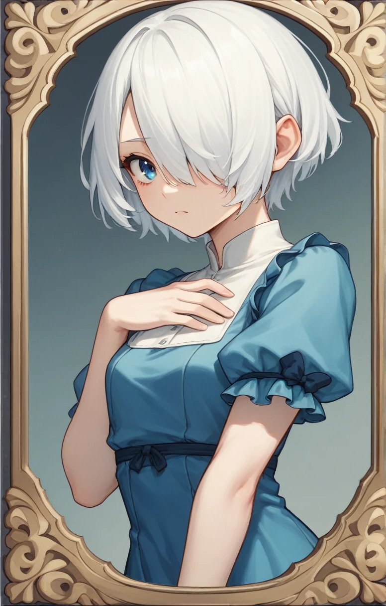 score_9, score_8_up, score_7_up, score_6_up, score_5_up, score_4_up, BREAK source_anime, one anime girl, blue eyes, white hair, short hair, hair covers one eye, white and blue dress,