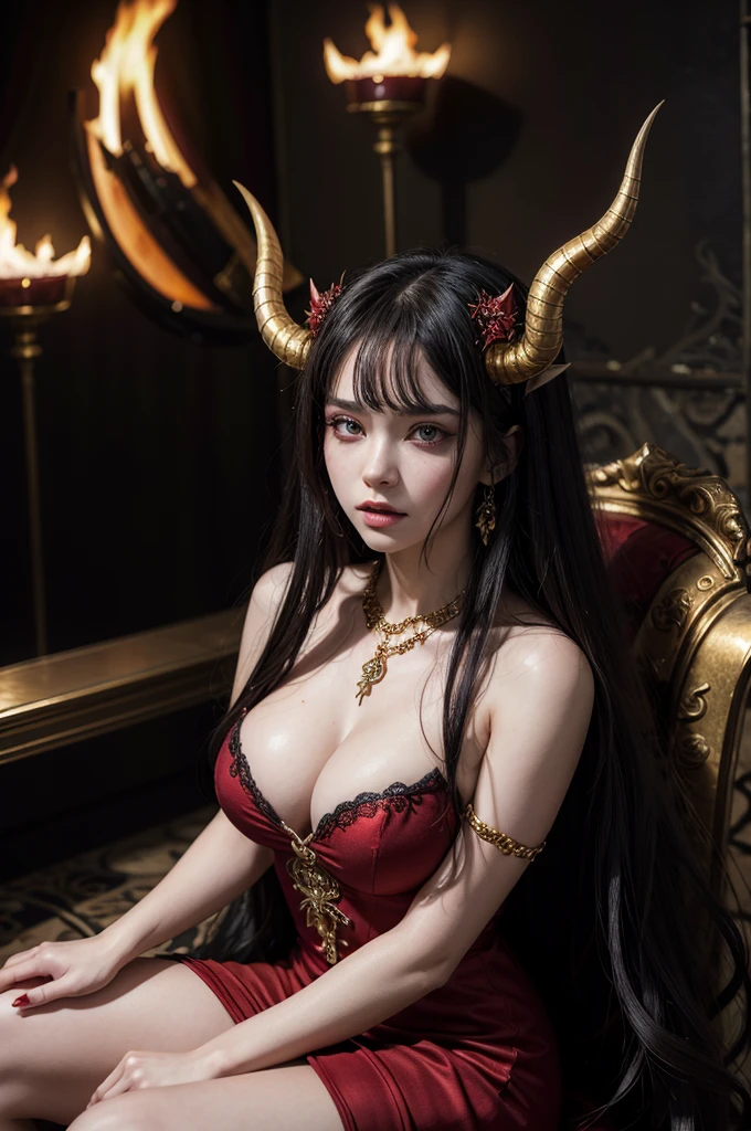 A succubus queen of hell, sitting on a throne of gold and ornaments, wearing a hellish red dress, with gold details, neckleace, with long, loose black hair, horns on head, horns curved backwards, gorgeous eyes, Eyes red, make-up, facial-symmetry, seductive mouth, curves, fire in the background, dramatic lighting, Gothic aesthetic. ultra realisitic, extremely details, focus on character, nblurry background.