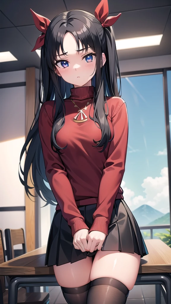 rintohsaka, rin tohsaka kyockcho, aqua eyes, (black hair:1.5), hair ribbon, long hair, ribbon, sidelocks, two side up, (parted bangs:1.5),
BREAK black skirt, black thighhighs, long sleeves, miniskirt, pleated skirt, (red sweater:1.5), skirt, sweater, thighhighs, turtleneck,
BREAK indoors, classroom,school,
BREAK looking at viewer, (cowboy shot:1.5)
BREAK (masterpiece:1.2), best quality, high resolution, unity 8k wallpaper, (illustration:0.8), (beautiful detailed eyes:1.6), extremely detailed face, perfect lighting, extremely detailed CG, (perfect hands, perfect anatomy),sitting on table, cross legs, from below,panties,