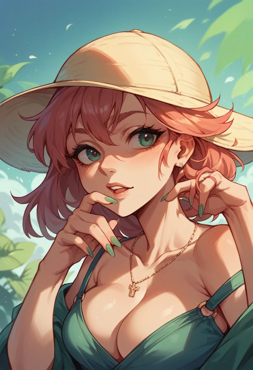 cartoon girl posing in a large hat and shorts with large breasts, takanashi kiara, 1girl, breasts, virtual youtuber, nipples, solo, orange hair, nude, tongue, multicolored hair, hat, tongue out, looking at viewer, completely nude, blush, long hair, gradient hair, sitting, saliva, jewelry, earrings, feather earrings, collarbone, large breasts, open mouth, purple eyes, wariza