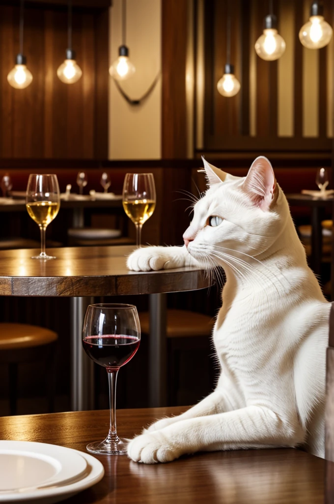 White cat holding a glass of red wine with her paw, while sitting at the table in a fine restaurant 
