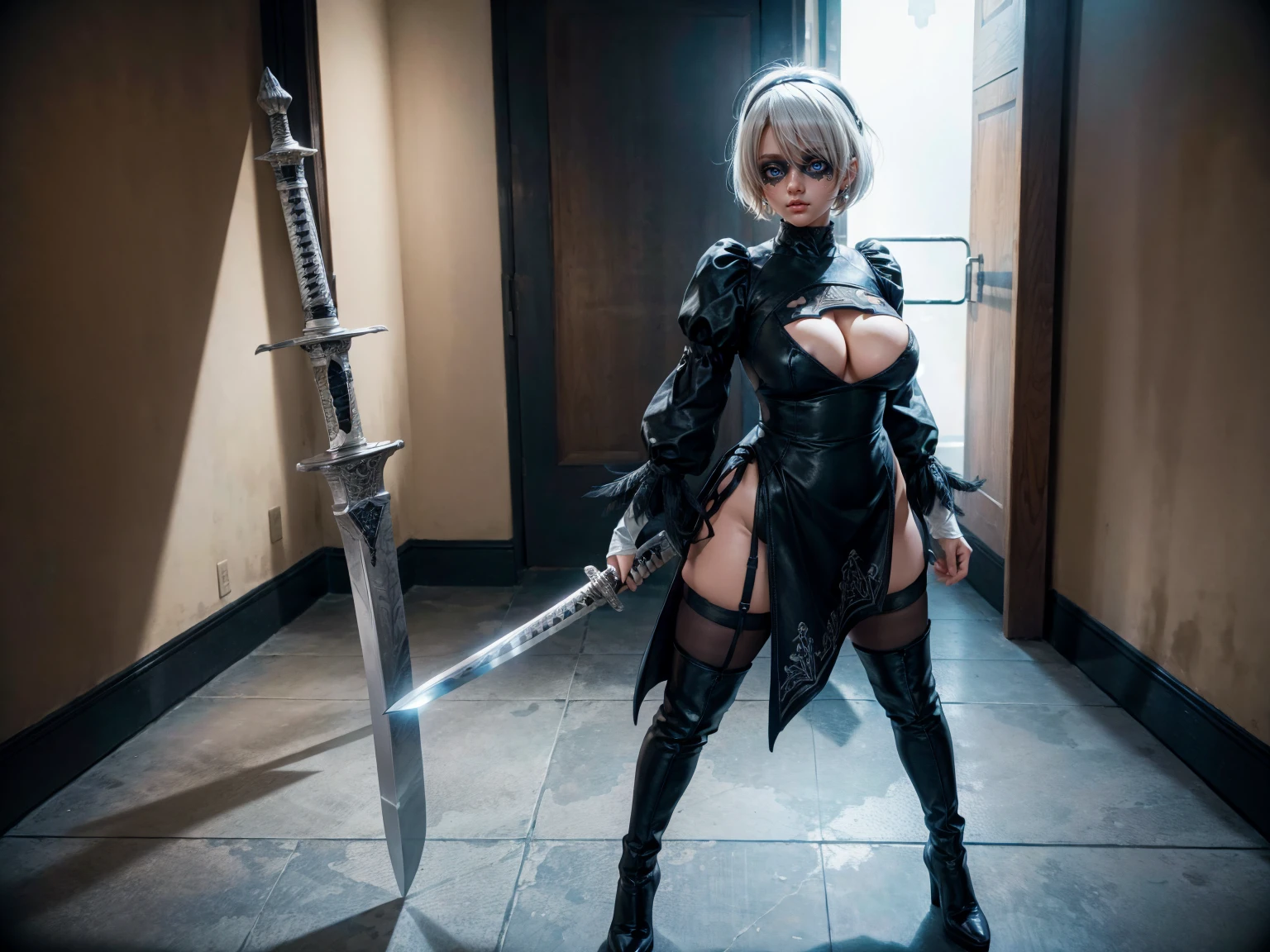 2B, 1girl, solo, short hair, thighhighs, gloves, long sleeves, dress, holding, cleavage, medium breasts, standing, full body, weapon, white hair, hairband, boots, puffy sleeves, sword, black thighhighs, black footwear, holding weapon, mole, black dress, high heels, leotard, clothing cutout, thigh boots, holding sword, cleavage cutout, katana, black hairband, juliet sleeves, mole under mouth, facing viewer, high heel boots, blindfold, covered eyes, black blindfold, feather-trimmed sleeves, masterpiece,