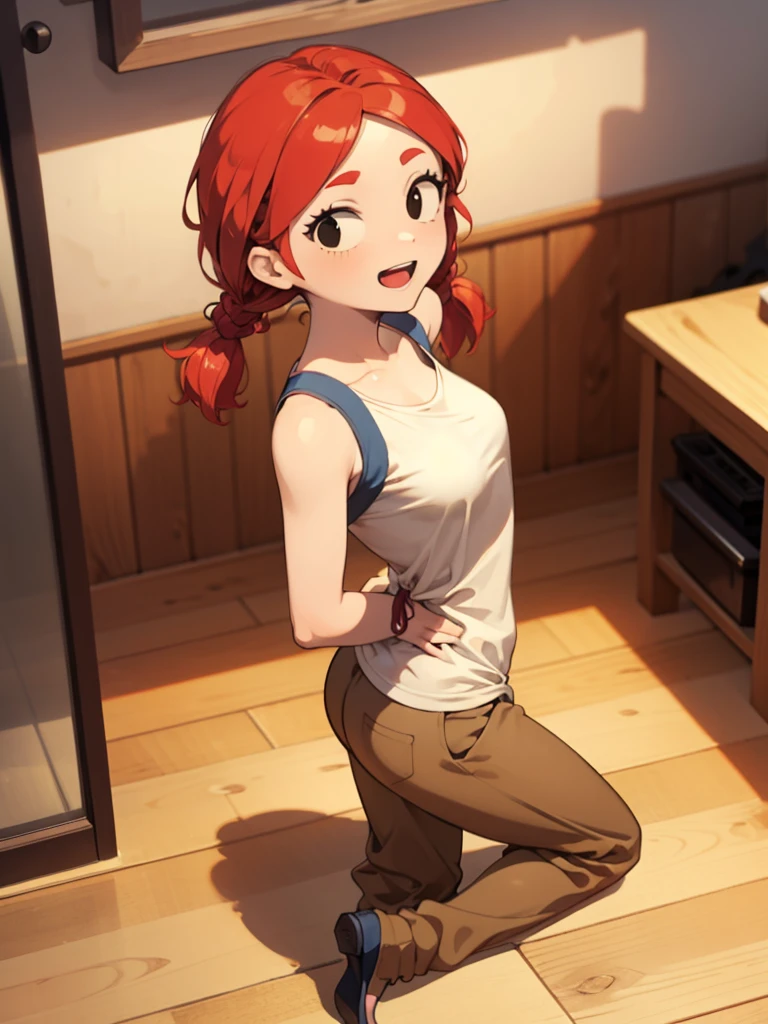 jbrawl, black eyes, happy, twintails, red hair, red twintails hair, low twintails, happy, white t-shirt, sleeveless t-shirt, t-shirt connected to trackpants, yellow colored trackpants, trackpants, short trackpants, bondage, tied up, both hand tied up behind back, in the house, wooden house, indoor, knell, knelling on the floor, knelling pose, both hand are tied up behind back,