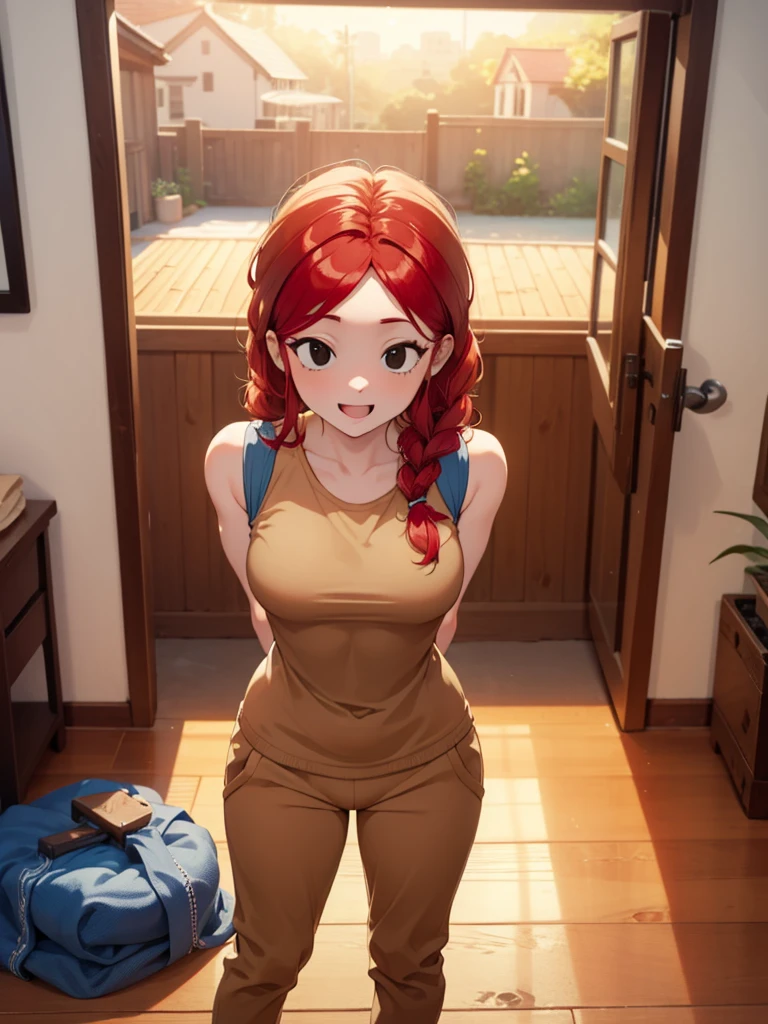 jbrawl, black eyes, happy, twintails, red hair, red twintails hair, low twintails, happy, white t-shirt, sleeveless t-shirt, t-shirt connected to trackpants, yellow colored trackpants, trackpants, short trackpants, bondage, tied up, both hand tied up behind back, in the house, wooden house, indoor, knell, knelling on the floor, knelling pose, both hand are tied up behind back,