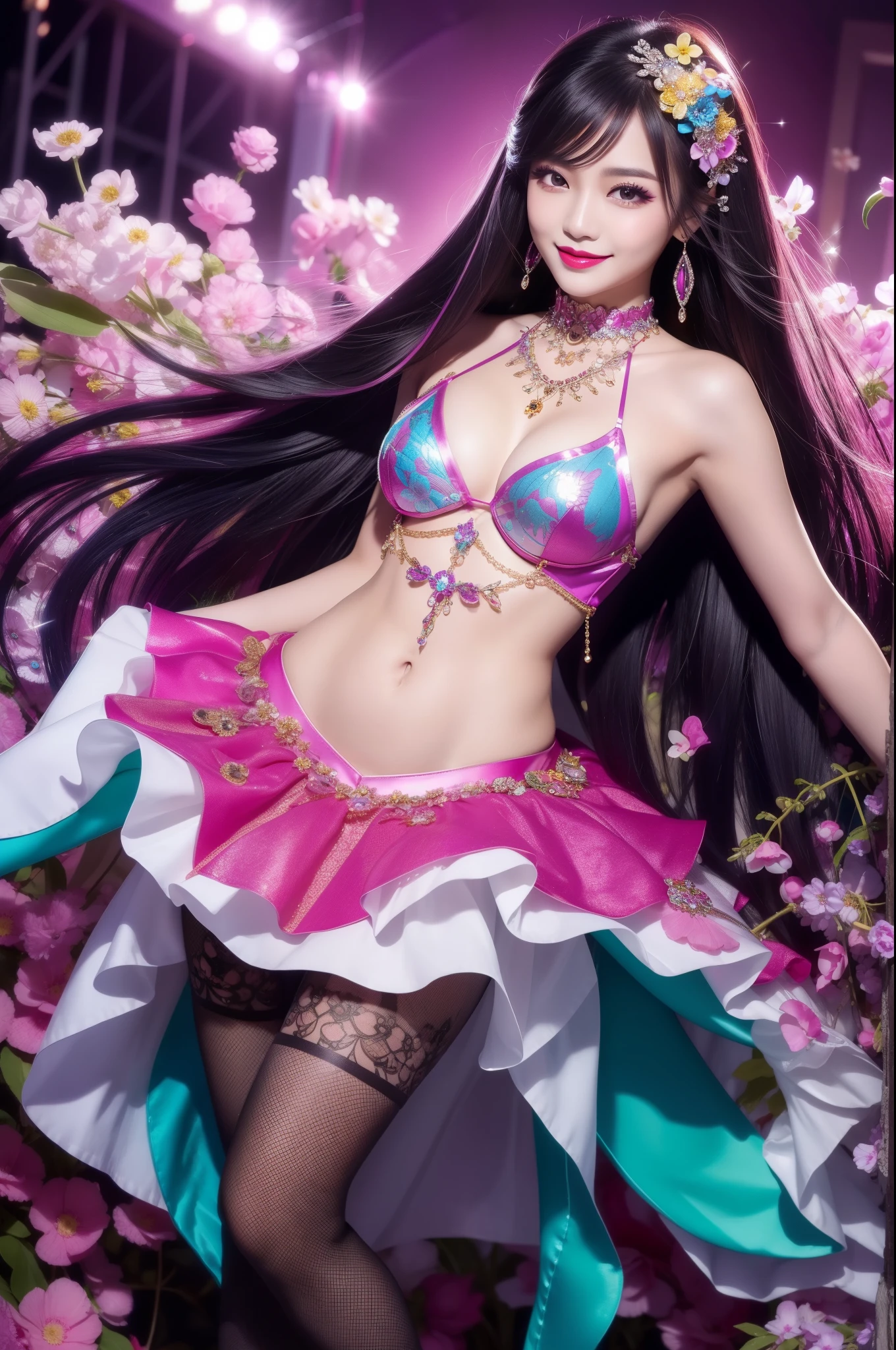 sexy Thai model who controls poison、beautiful smile、lipgloss、bold lipstick、intense makeup、look at the camera、full body Esbian、、sparkling poisoned flower costume、、、、sparkling Colorful hair、secrete poison、skull hair accessories、sexy tights、shiny sparkling flowers background