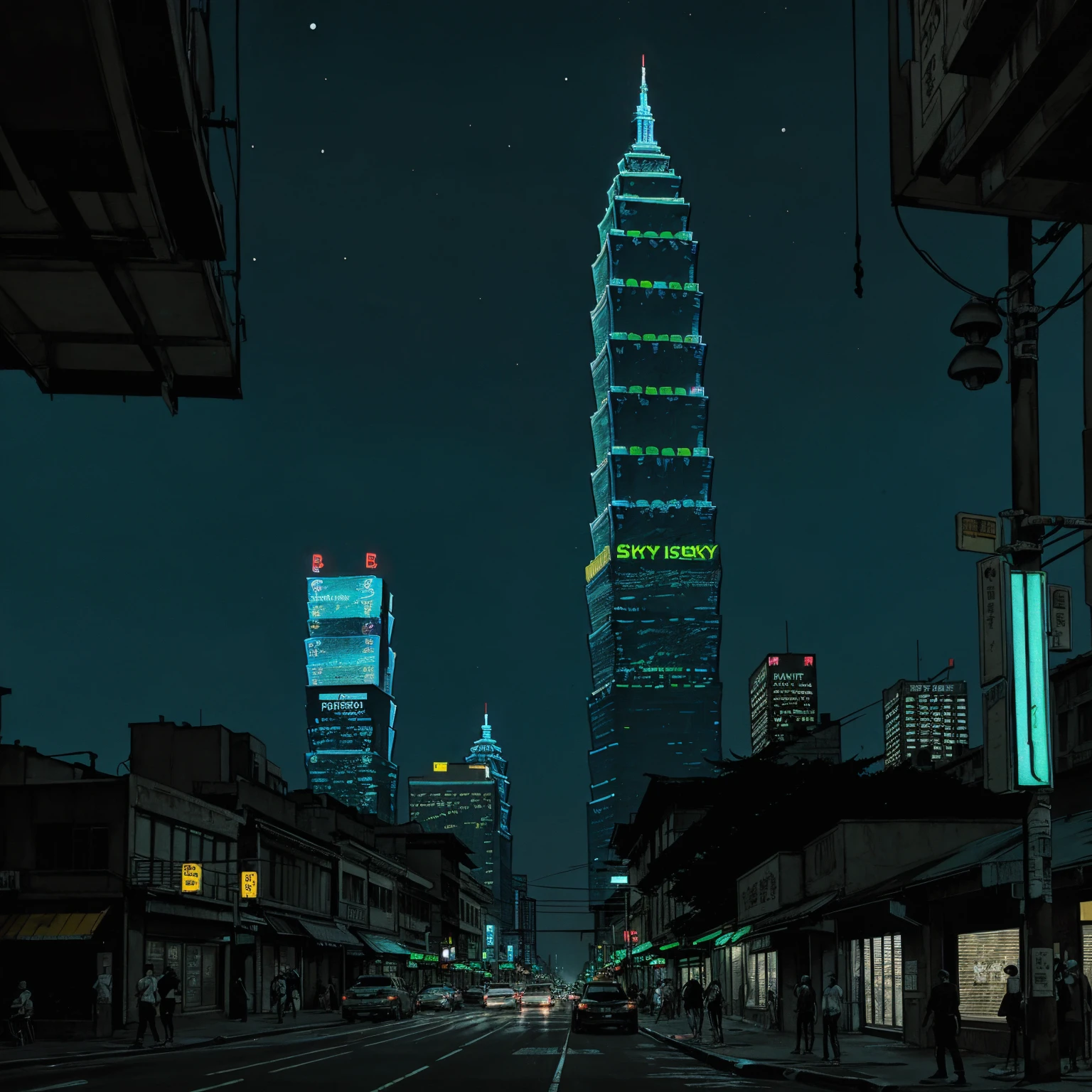 (masterpiece), (graffiti),, (street), (taipei city neon lights), (blue tint), (skyscrapers), (realistic illustration), (cinematic), (night), (city skylines), , (traffic lights), (one man back silhouette sitting)