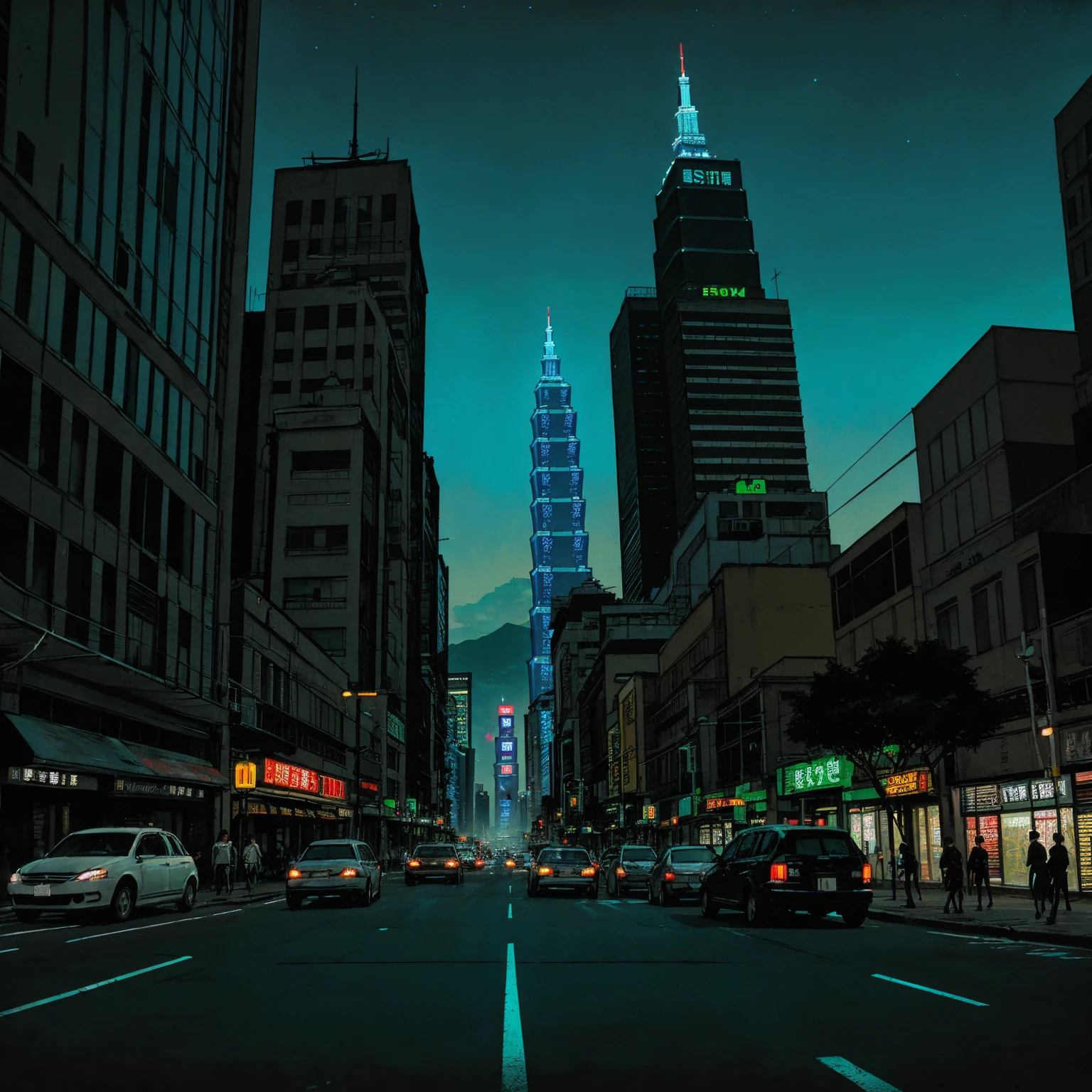 (masterpiece), (graffiti),, (street), (taipei city neon lights), (blue tint), (skyscrapers), (realistic illustration), (cinematic), (night), (city skylines), , (traffic lights), (one man back silhouette sitting)