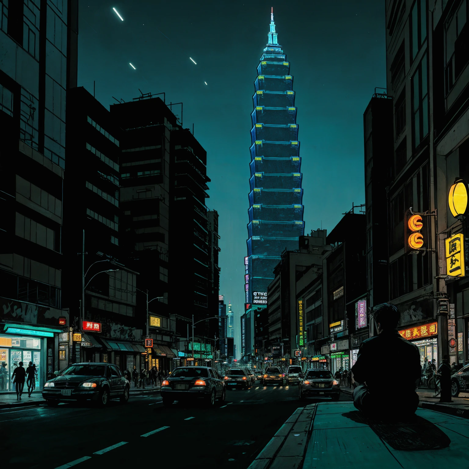 (masterpiece), (graffiti),, (street), (taipei city neon lights), (blue tint), (skyscrapers), (realistic illustration), (cinematic), (night), (city skylines), , (traffic lights), (one man back silhouette sitting)