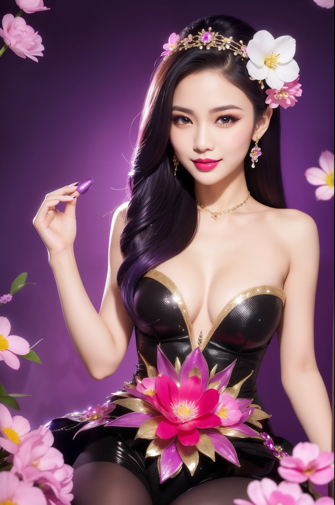 sexy Thai model who controls poison、beautiful smile、lipgloss、bold lipstick、intense makeup、look at the camera、full body Esbian、、sparkling poisoned flower costume、、、、sparkling Colorful hair、secrete poison、skull hair accessories、sexy tights、shiny sparkling flowers background