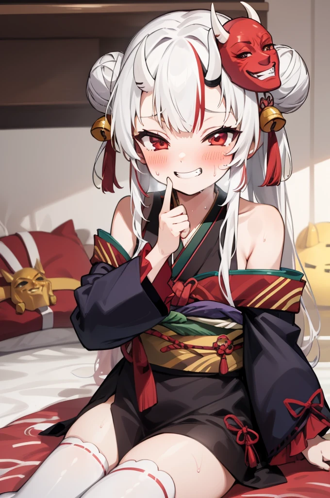 masterpiece, best quality, absurdres, perfect anatomy, 1girl, solo, Nakiri Ayame, long hair, double bun, AyameBase, black kimono, hair bell, obi, white thighhighs, bare shoulders, long sleeves, oni mask, mask on head, grin,(sweating),blush,my room