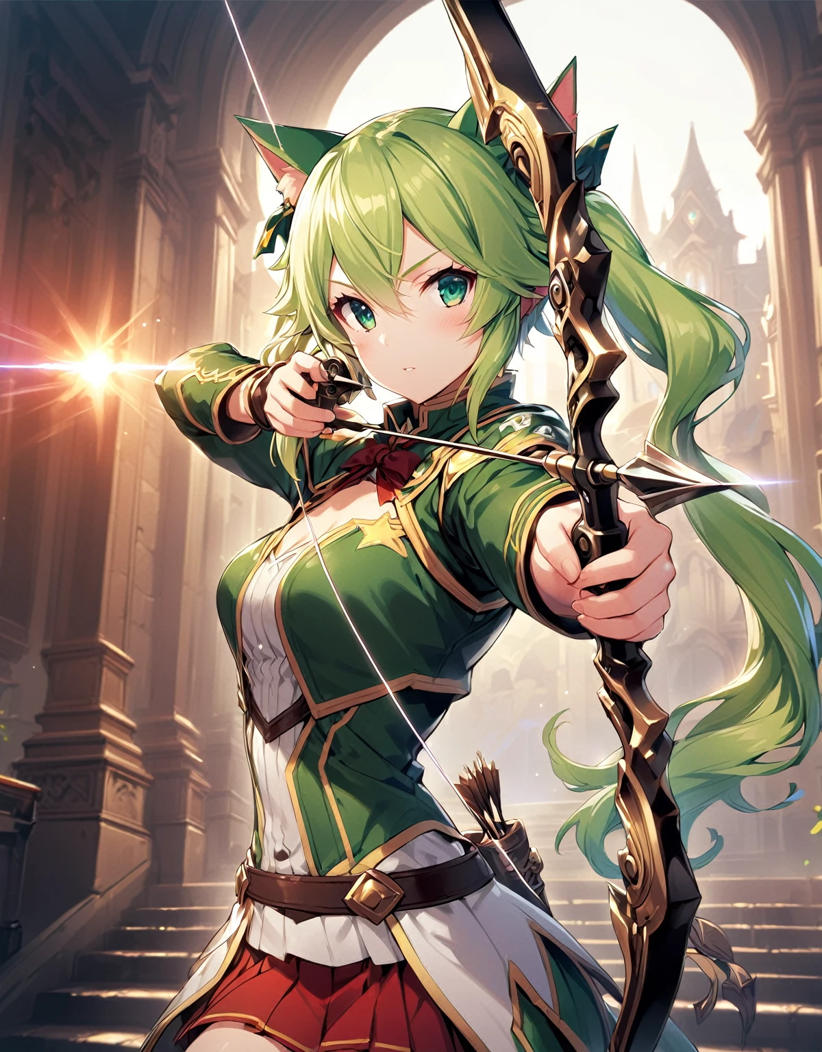 a girl (sinon) with a bow and arrow in her hand, an anime drawing, anime fantasy sticker illustration, various posed,, ivy, 2 d render, (twin tail), (big curly blonde hair), (green clothes), mini skirt, ((Aiming a Bow)), green hair, neko ears