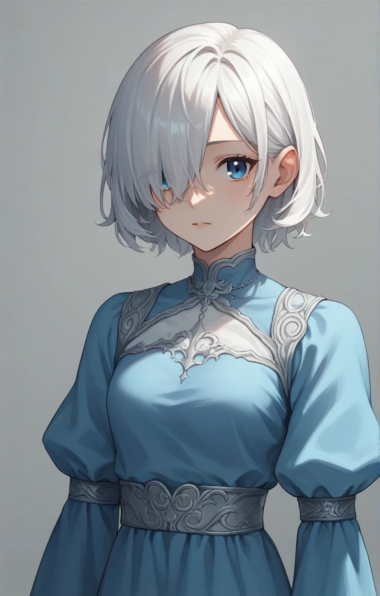 score_9, score_8_up, score_7_up, score_6_up, score_5_up, score_4_up, BREAK source_anime, one anime girl, blue eyes, white hair, medium hair, hair covers one eye, white and blue dress,