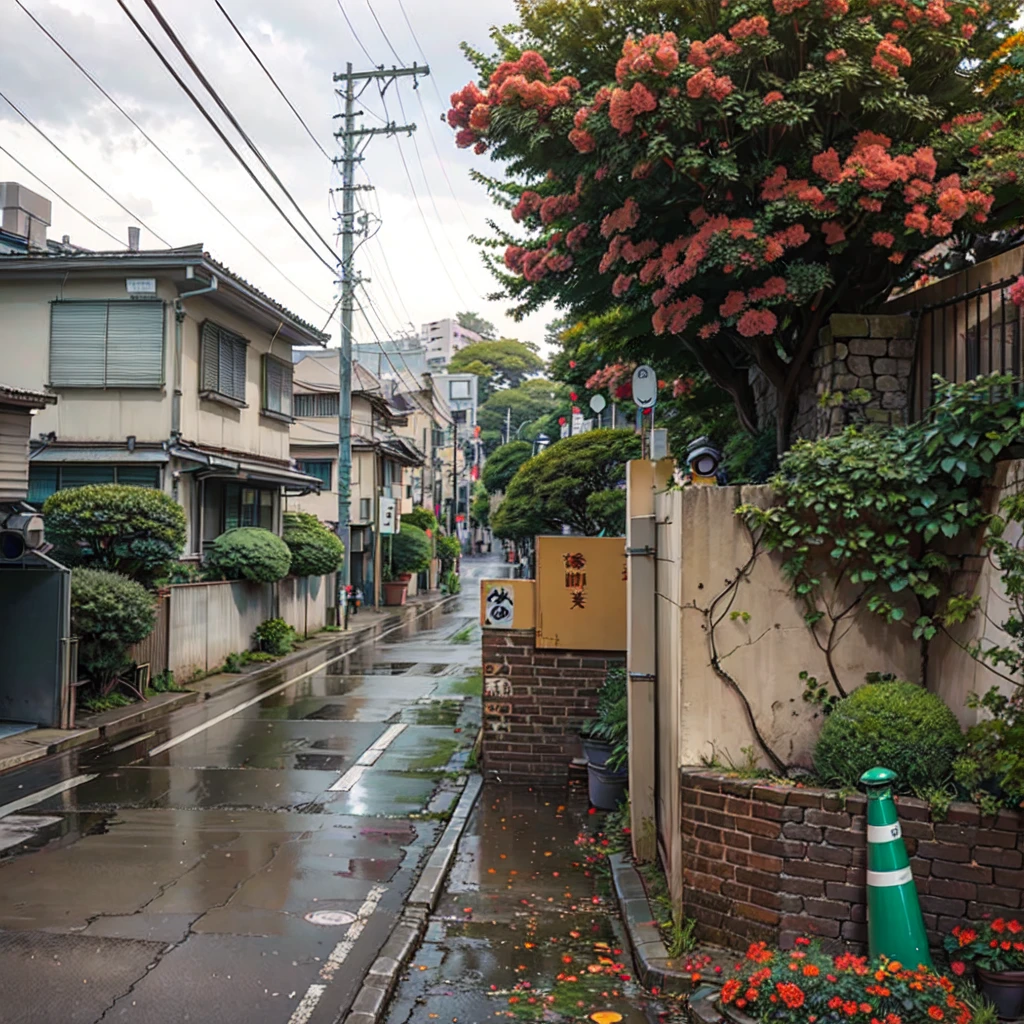 there is a street with a fence and a flowered tree, japanese street, japanese neighborhood, japan travel aesthetic, tokyo street, beautiful aesthetic, tokyo - esque town, in a tokyo street, by Eizan Kikukawa, beautiful and aesthetic, in the streets of tokyo, day after raining, tokyo alleyway, by Nishida Shun'ei, alley